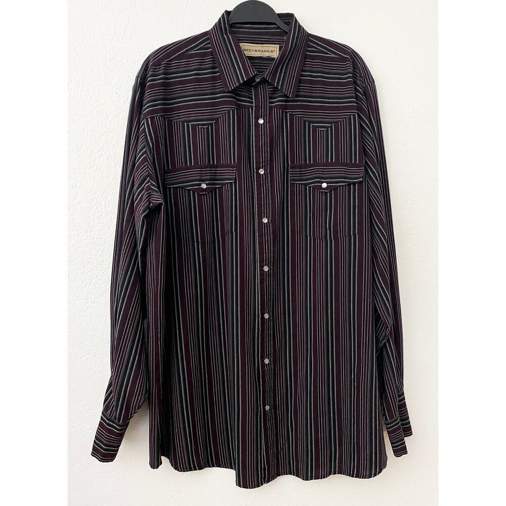 Bit & Bridle Mens Purple Black Gray Striped Western Shirt Pearl Snap Buttons XLT